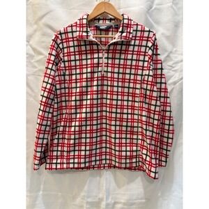 Lands End Red Plaid Fleece Quarter Zip Pullover Sweater‎ Womens Large 14-16